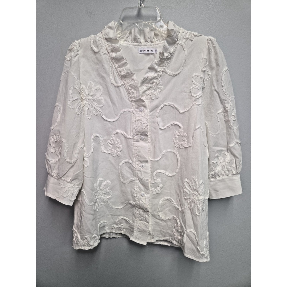 Cherry Betty Texture Soutache Sz Small White Button Shirt Ruffle Neck Top Lined